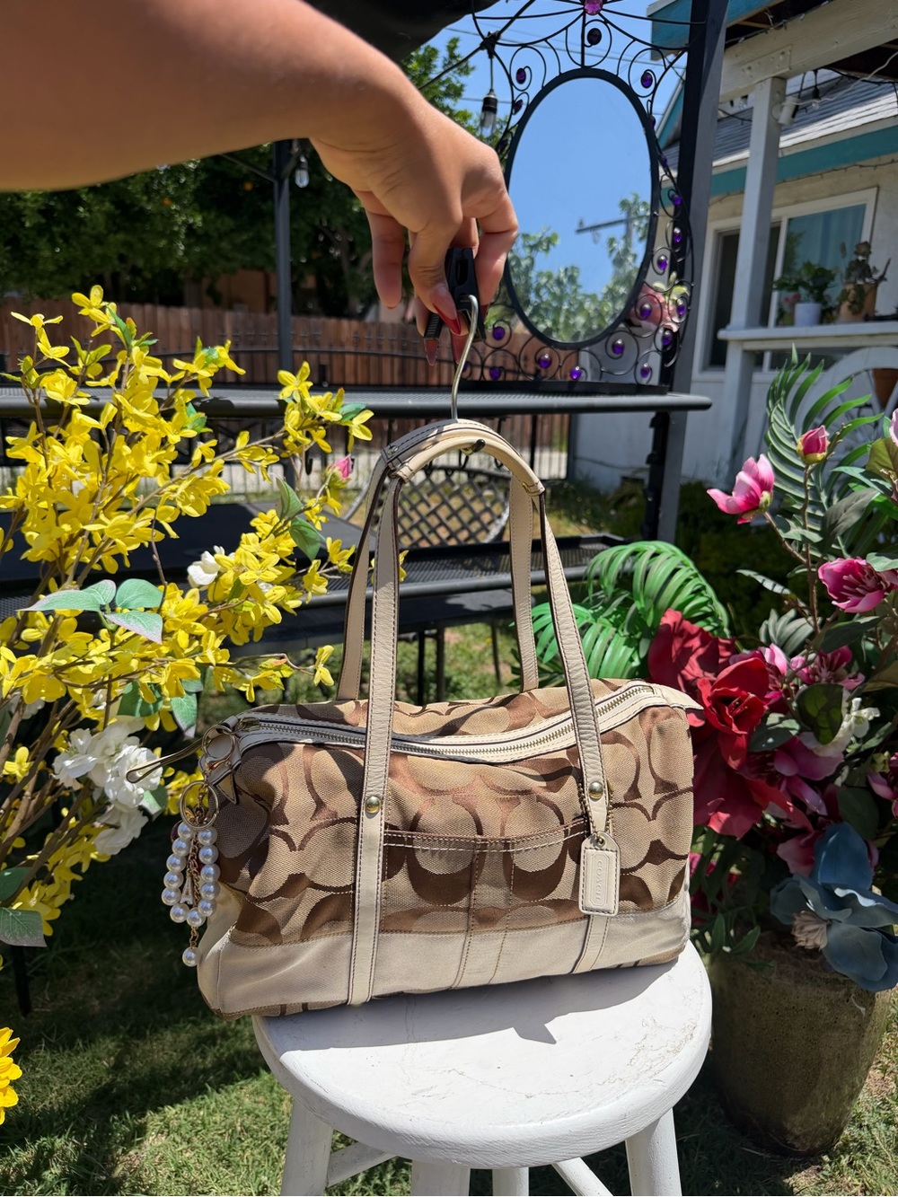 Coach Khaki/Beige Signature Canvas Shoulder Bag with Pearl Charm - Picture 10 of 10